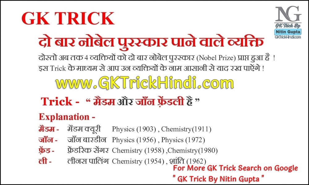 GK Trick By Nitin Gupta - 2 Time Nobel Prize Winner List