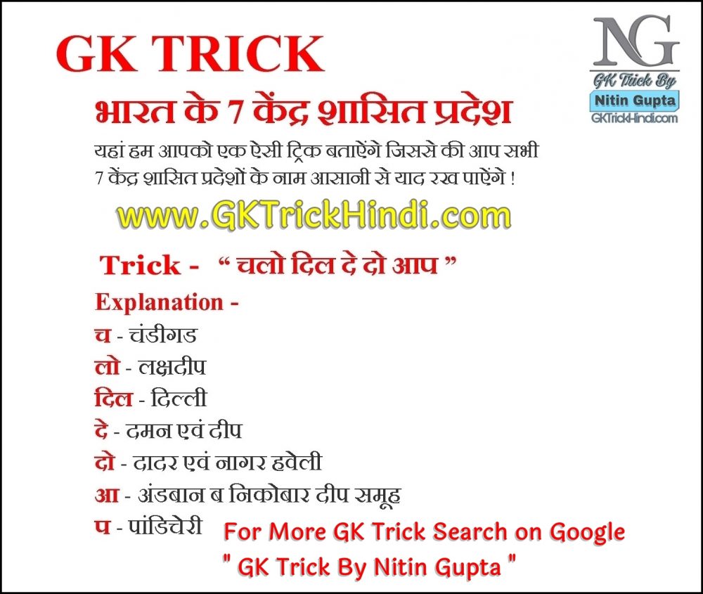 GK Trick By Nitin Gupta - Bharat ke Kendra Shasit Pradesh